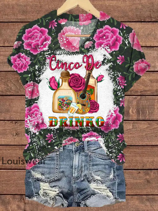 Damen Mexiko Cinco De Mayo Blumen kunst bedrucktes Top Rosenrot / S