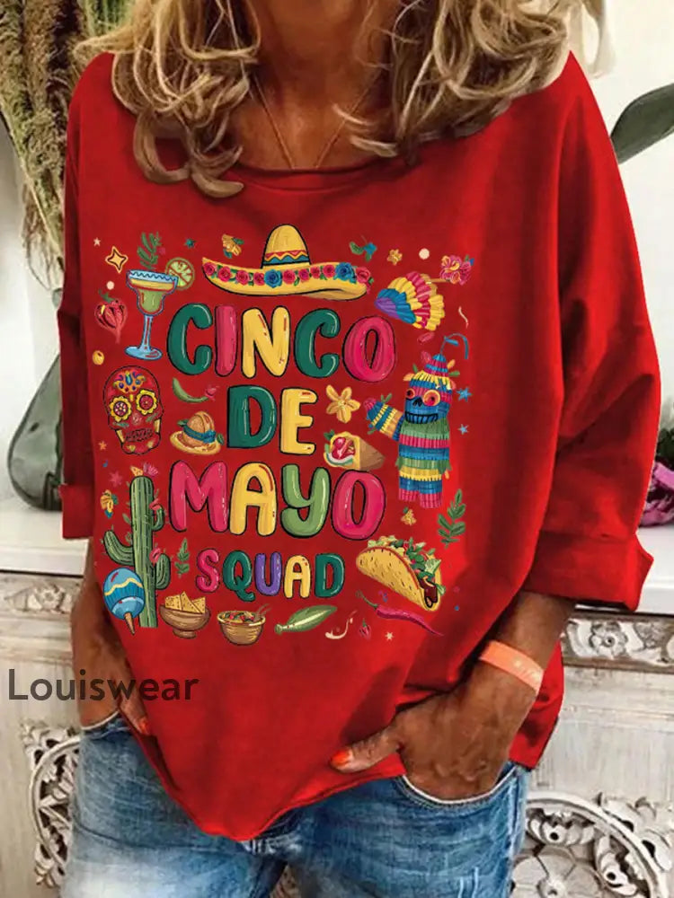Damen Mexiko Cinco De Mayo Blumen kunst bedrucktes Top Rot / L