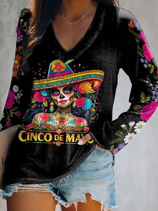 Damen Mexiko Cinco De Mayo Blumen kunst bedrucktes Top Schwarz / S