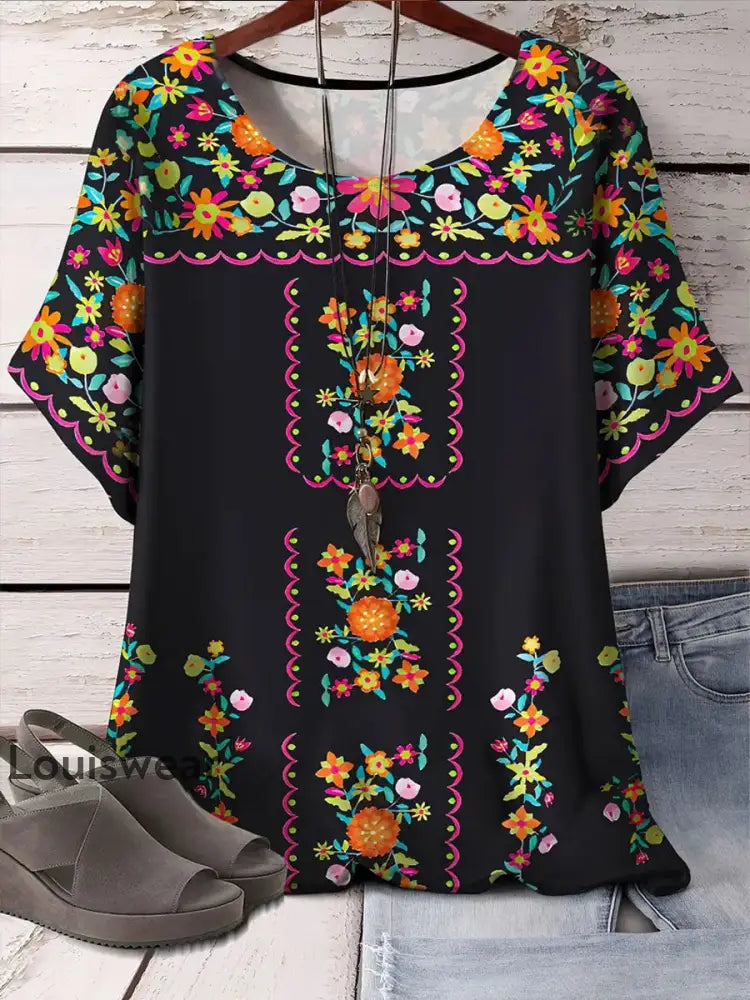 Damen Mexiko Cinco De Mayo Floral Printed Top Schwarz / S