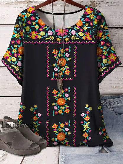 Damen Mexiko Cinco De Mayo Floral Printed Top Schwarz / S