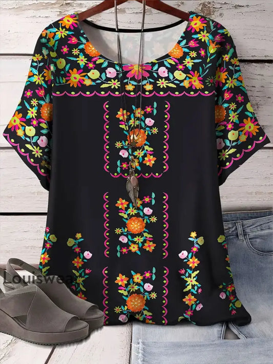 Damen Mexiko Cinco De Mayo Floral Printed Top Schwarz / S