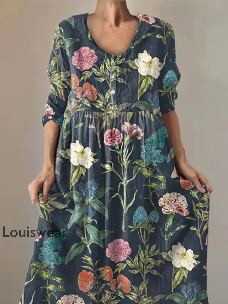 Damen Retro Carnation Print Freizeit kleid