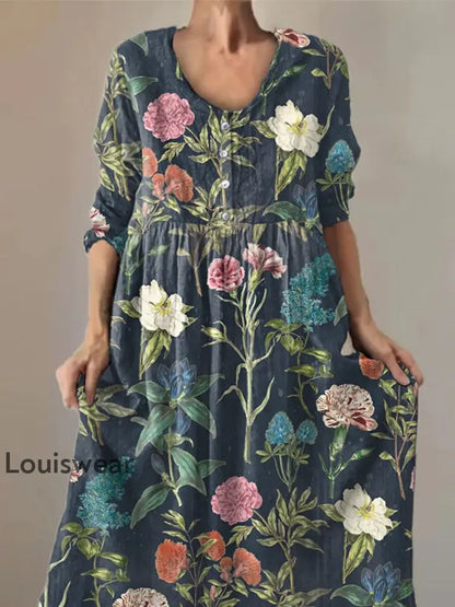 Damen Retro Carnation Print Freizeit kleid