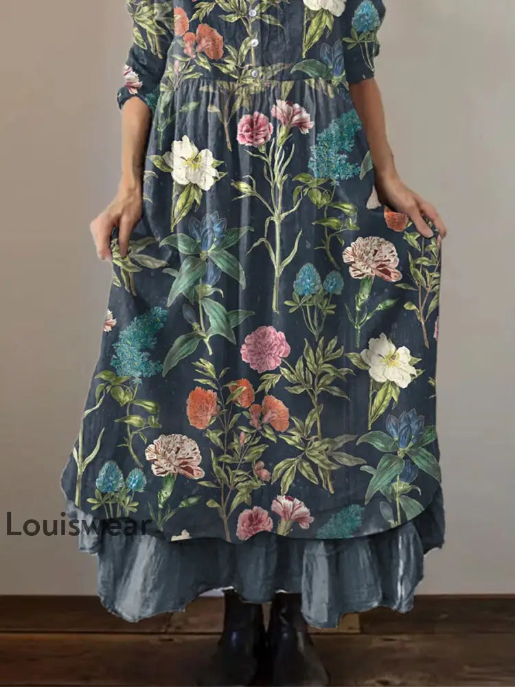 Damen Retro Carnation Print Freizeit kleid