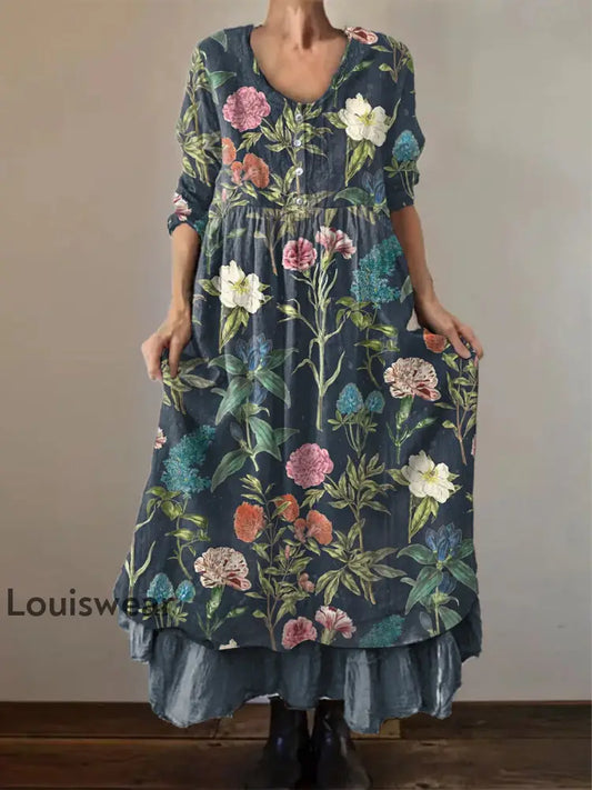 Damen Retro Carnation Print Freizeit kleid Marineblau / S