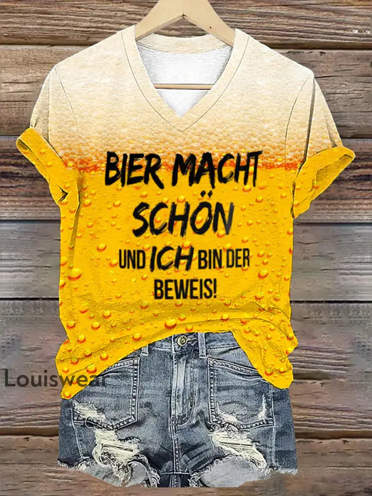 Damen T-Shirt mit Druck ’Deutscher Bier Tag - Bier Macht Schön und Ich Bin Der Beweis’ Gelb / S