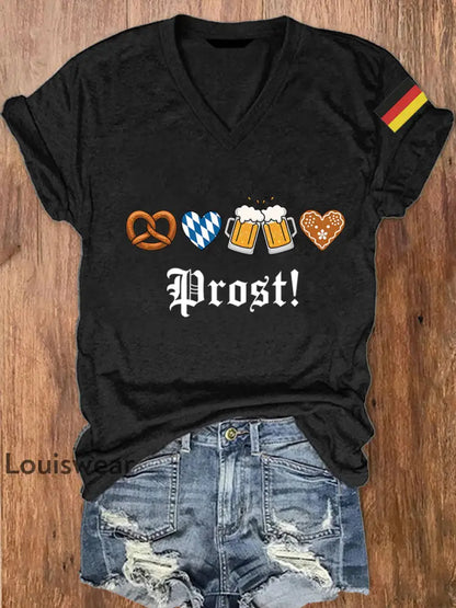 Damen T-Shirt mit V-Ausschnitt und Druck ’Deutscher Bier Tag - Prost’ Schwarz / S