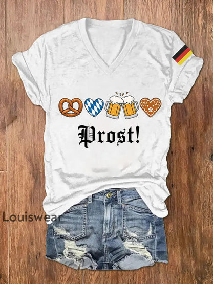 Damen T-Shirt mit V-Ausschnitt und Druck ’Deutscher Bier Tag - Prost’ Weiß / S