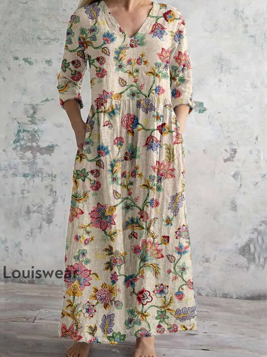 Damen Vintage Blumen druck Chic V-Ausschnitt Bohemian Elegant Midi A / S
