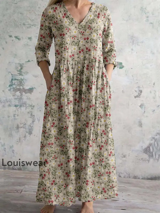 Damen Vintage Blumen druck Chic V-Ausschnitt Bohemian Elegant Midi A / S