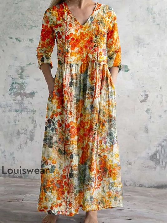 Damen Vintage Blumen druck Chic V-Ausschnitt Bohemian Elegant Midi A / S