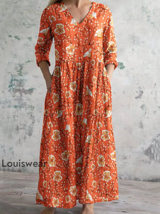 Damen Vintage Blumen druck Chic V-Ausschnitt Bohemian Elegant Midi A / S