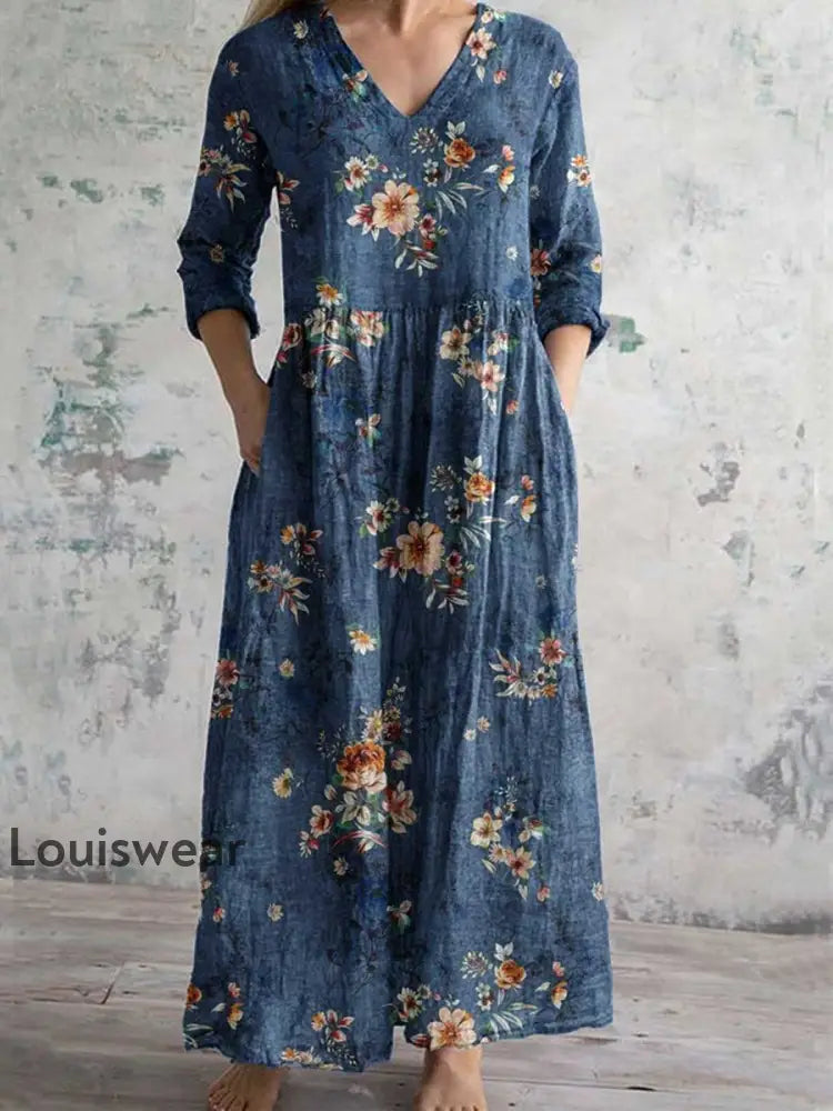 Damen Vintage Blumen druck Chic V-Ausschnitt Bohemian Elegant Midi A / S