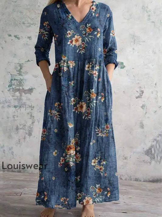 Damen Vintage Blumen druck Chic V-Ausschnitt Bohemian Elegant Midi A / S