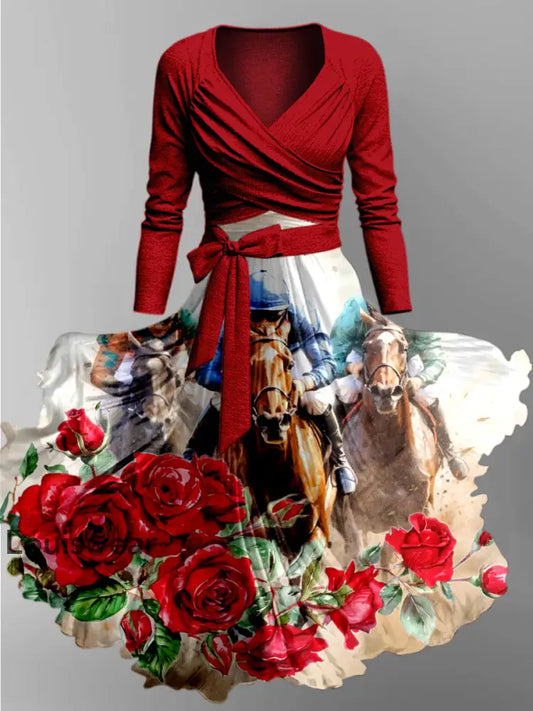 Derby Horse Art bedruckt Vintage Einzigartiges Slim Fit Kreuz Wickel Langarm Zweiteiliges Midi-Kleid A / S