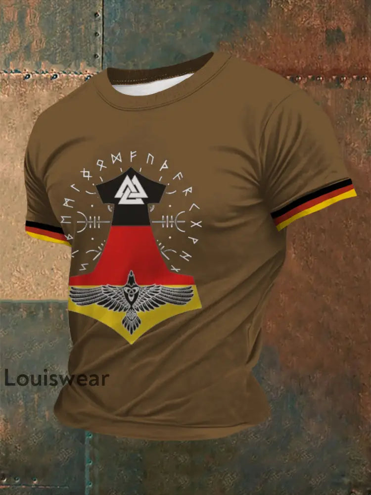 Deutsches Wikinger-Bedrucktes Kurzarm-T-Shirt für Männer Braun / S