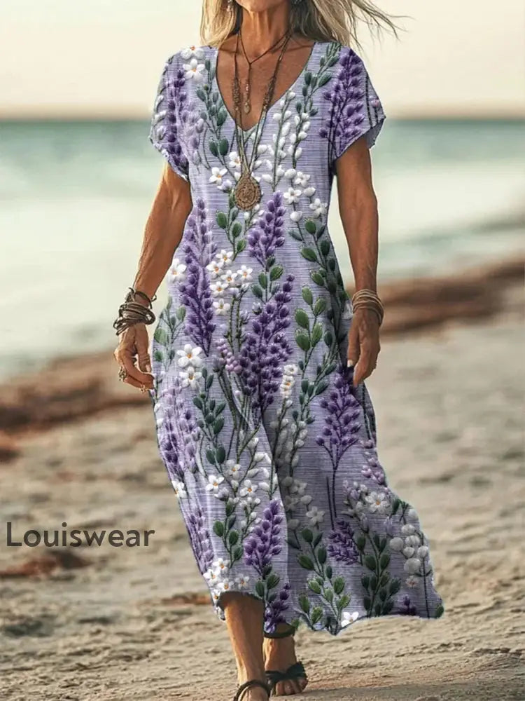Frauen Alzheimer Bewusstsein Lila Blume Bedrucktes Baumwoll Leinen Kurzarm Maxi kleid Lila / S