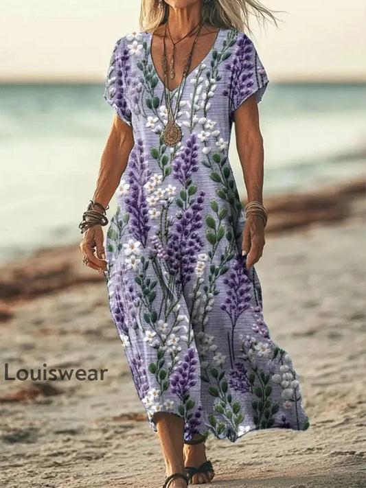 Frauen Alzheimer Bewusstsein Lila Blume Bedrucktes Baumwoll Leinen Kurzarm Maxi kleid Lila / S