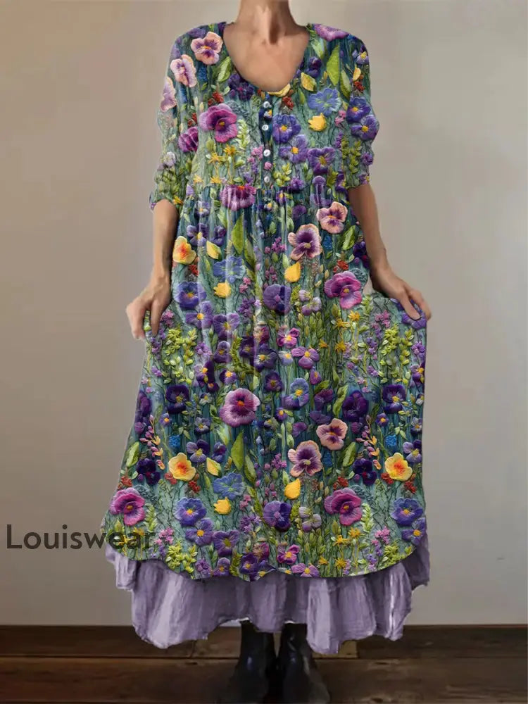Frauen Alzheimer Bewusstsein Lila Blume Bedrucktes Baumwoll Leinen Langarm Maxi kleid Lila / S