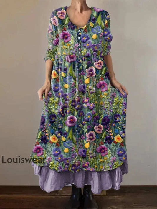 Frauen Alzheimer Bewusstsein Lila Blume Bedrucktes Baumwoll Leinen Langarm Maxi kleid Lila / S