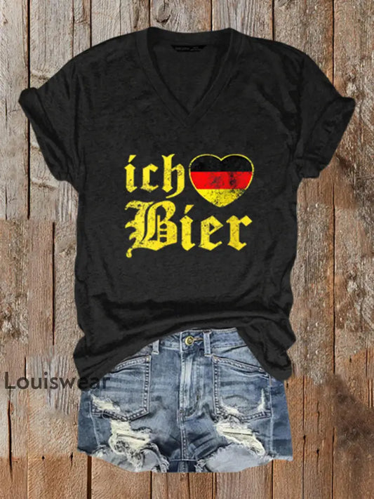 Frauen Ich Bier Print V-Ausschnitt T-Shirt Schwarz / S