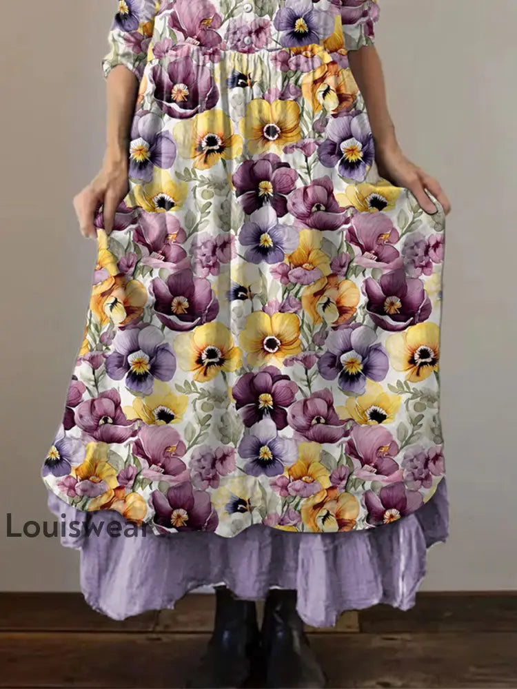 Frauen Lila Pansy Print Alzheimer-Bewusstsein Unterstützung Kleid