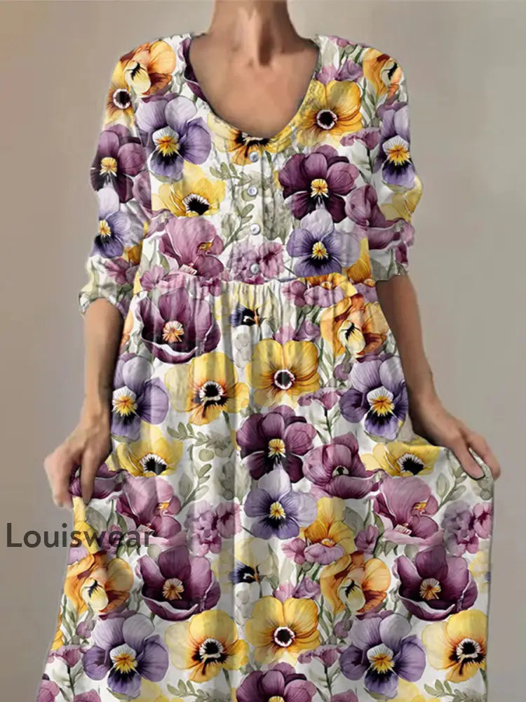 Frauen Lila Pansy Print Alzheimer-Bewusstsein Unterstützung Kleid