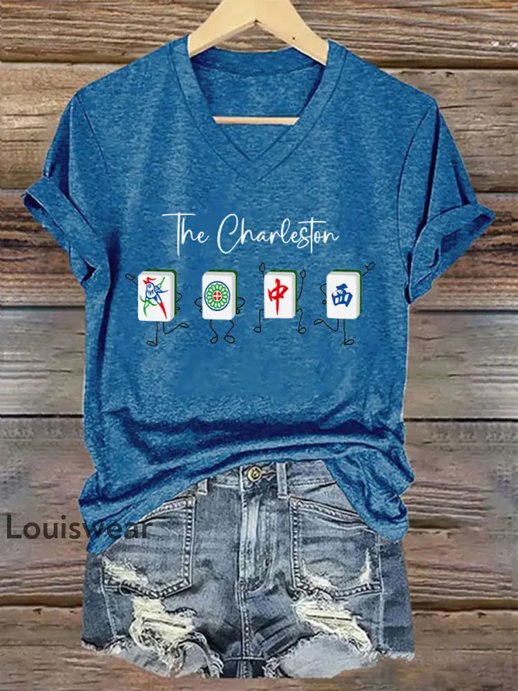 Frauen lustige Mah Jongg Print T-Shirt Blau / S