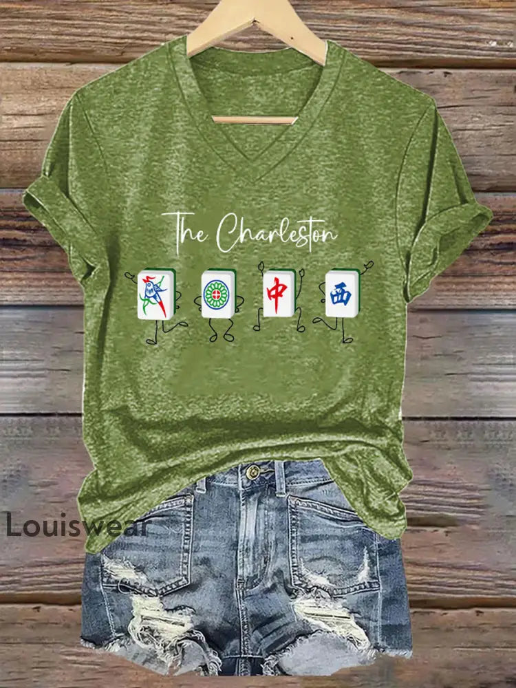 Frauen lustige Mah Jongg Print T-Shirt Grün / S