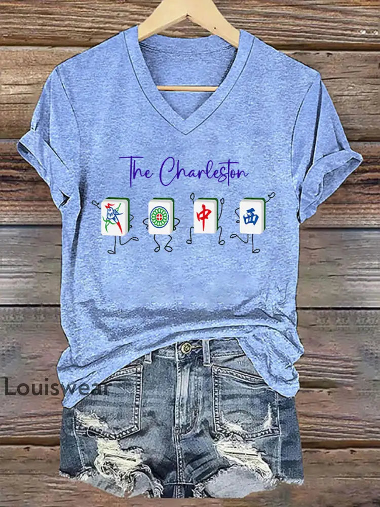 Frauen lustige Mah Jongg Print T-Shirt Hellblau / S