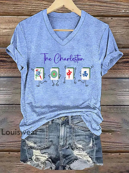 Frauen lustige Mah Jongg Print T-Shirt Hellblau / S