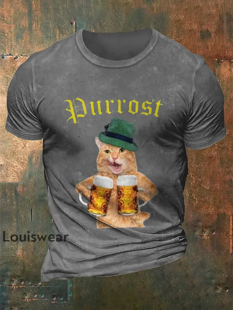 Herren Bierfest Lustiges Katzen-Print-Shirt Grau / S