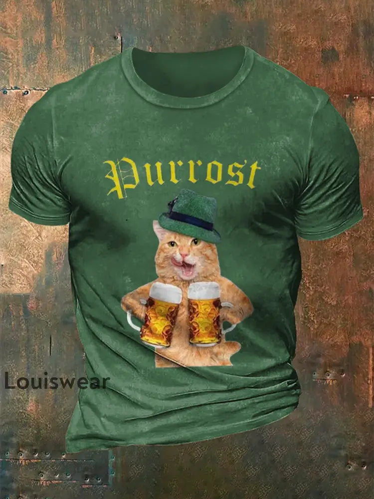 Herren Bierfest Lustiges Katzen-Print-Shirt Grün / S