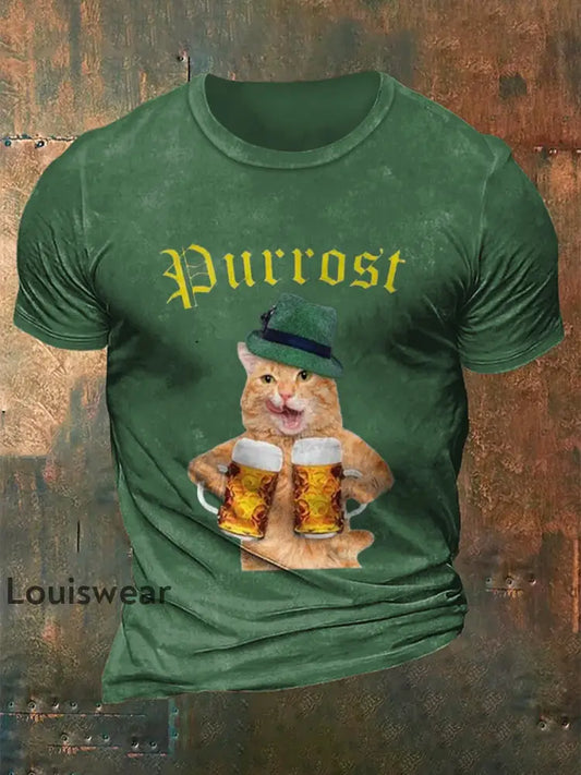 Herren Bierfest Lustiges Katzen-Print-Shirt Grün / S