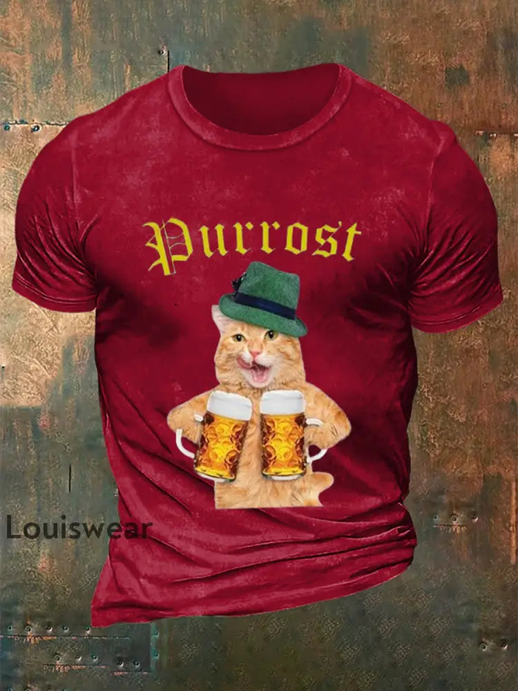 Herren Bierfest Lustiges Katzen-Print-Shirt Rot / S