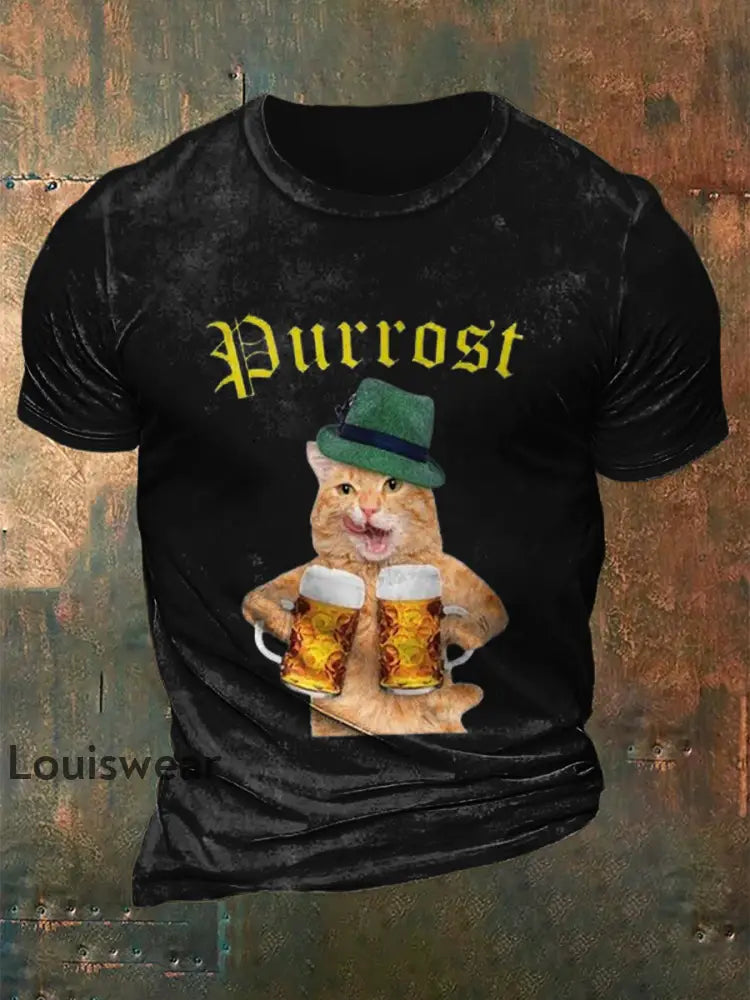 Herren Bierfest Lustiges Katzen-Print-Shirt Schwarz / S