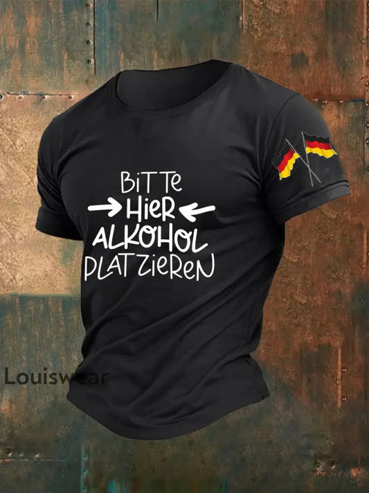 Herren ’Bitte Hier Alkohol Platzieren’ Bedrucktes Kurzarm T-Shirt Schwarz / S