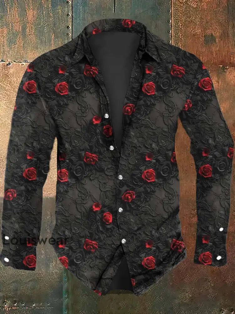Herren Gothic Rose Print Langarm Hemd als bild / S