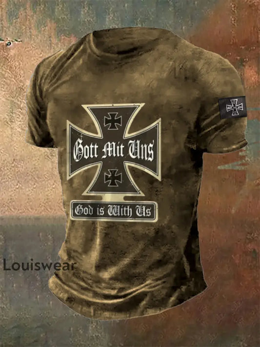 Herren Gott mit uns bedrucktes T-Shirt mit kurzen Ärmeln Braun / S