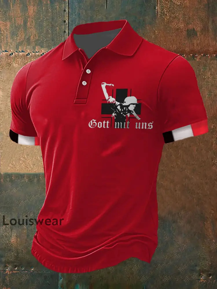 Herren Gott mit uns Soldat bedrucktes Kurzarm-Polos hirt Rot / S
