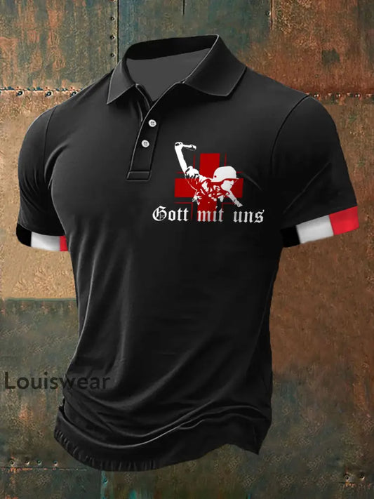 Herren Gott mit uns Soldat bedrucktes Kurzarm-Polos hirt Schwarz / S
