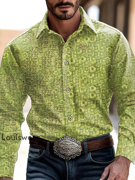 Herren Outdoor Vintage Western Ethnic Geometrisches Patchwork-Muster Lässiges Baumwoll-Langarm-Shirt Grün / S