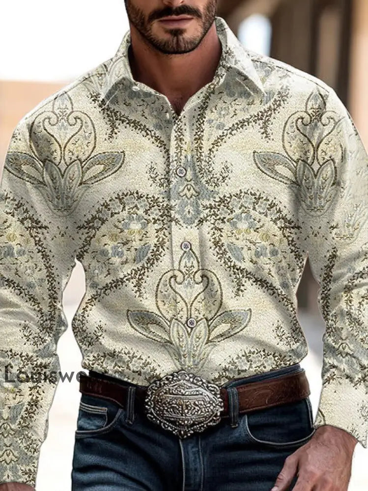 Herren Outdoor Vintage Western Ethnic Lily Blumenmuster Lässiges Baumwoll-Langarm-Hemd als bild / S