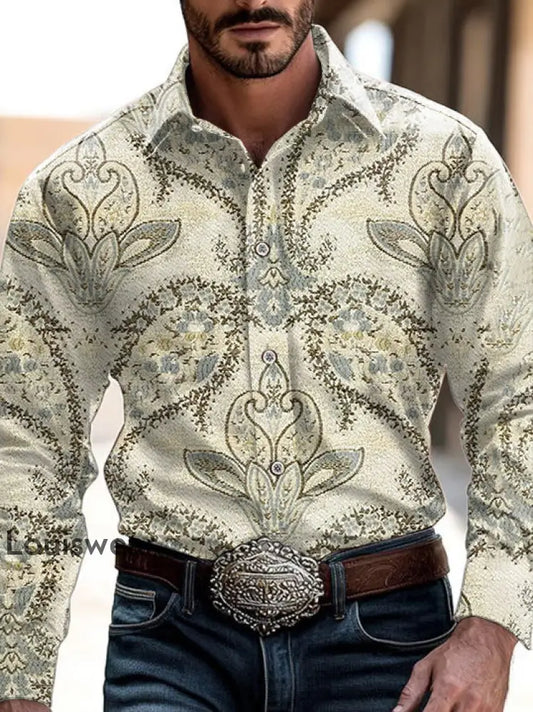 Herren Outdoor Vintage Western Ethnic Lily Blumenmuster Lässiges Baumwoll-Langarm-Hemd als bild / S