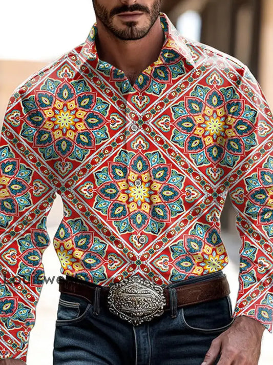 Herren Outdoor Vintage Western Ethnic Persian Peris Blumen druck Muster Lässiges Baumwoll-Langarm-Shirt als bild / S