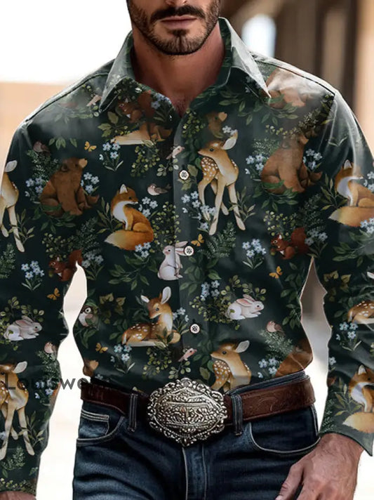 Herren Outdoor Vintage Western Ethnic Tier Botanisches Blumenmuster Lässiges Baumwoll-Langarm-Shirt Grün / S