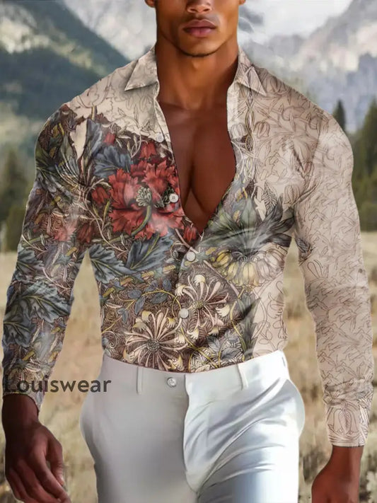Herren Outdoor Vintage Western Ethnische Blumen Kreative Bunte Royal Casual Baumwolle Satin Langarm Hemd als bild / S