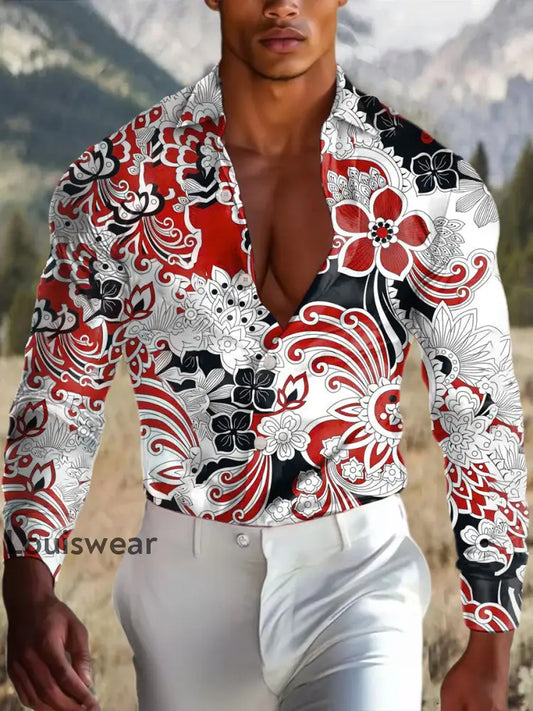 Herren Outdoor Vintage Western Ethnische Blumen kunst Design Royal Casual Baumwolle Satin Langarm Hemd als bild / S