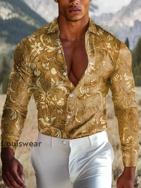 Herren Outdoor Vintage Western Ethnische Blumenmuster Royal Casual Baumwolle Satin Langarm Hemd als bild / S